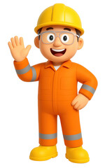 A cartoon man in a yellow hard hat and orange work suit is waving. He is smiling and he is happy