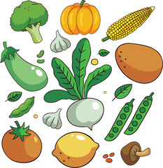 Fresh Colorful Vegetable Set in Cartoon Style - Healthy Food Illustration Collection