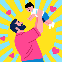 Obraz premium manually hand traced flat vector of dad lifting child with heart and sunburst background, ideal for father's day greeting cards and posters.