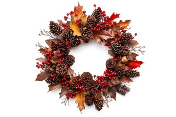 Festive autumn wreath with pine cones, red berries, and colorful leaves on a white background background texture video