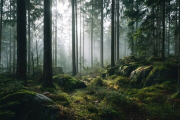 Obraz premium Sunlit Path Through Misty Mossy Forest