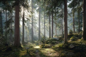 Obraz premium Sunlit Forest Floor: Mossy Rocks and Towering Trees in a Misty Woodland Scene