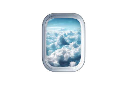 Airplane window with sky background