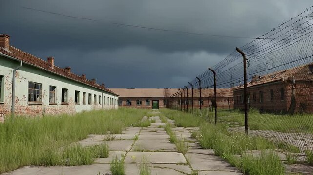 Abandoned army barracks under cloudy sky