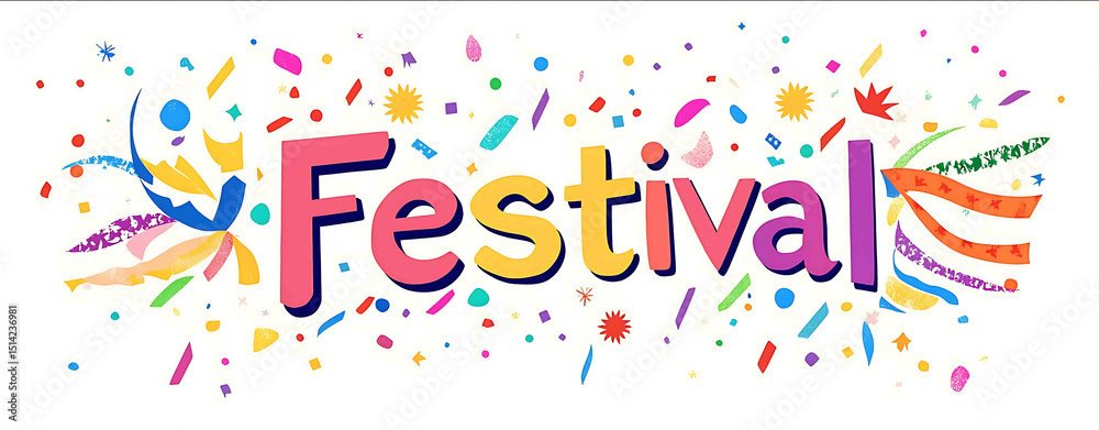 Fototapete vector flat color illustration of the word festival in colorful lettering with confetti and ribbons 