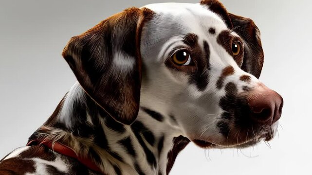 Close-up of a brown spotted dalmatian dog with bright eyes looking off to the side on a white background; dog collar visible