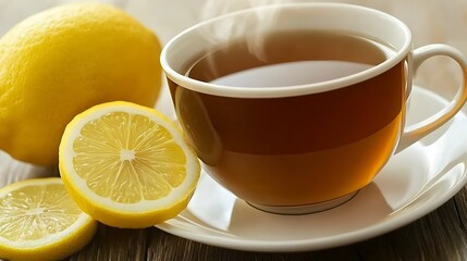 Aromatic lemon infusion with steaming cup of tea on wooden surface