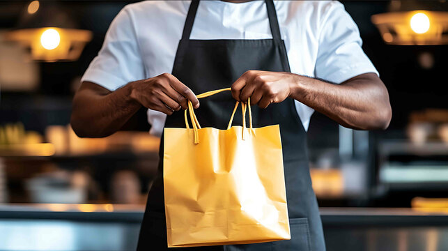 Closeup of a grocery store cashiers hands packing food items into a reusable shopping bag soft lighting clean retail environment professional photostock image copyspace
