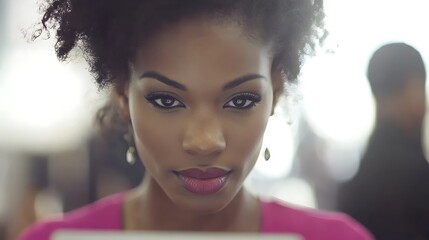 Attractive dark-haired woman with bright skin staring intently at a screen