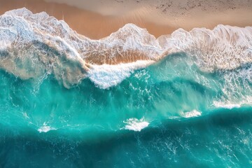 Fototapeta premium Aerial View of Turquoise Ocean Waves Crashing on Sandy Beach