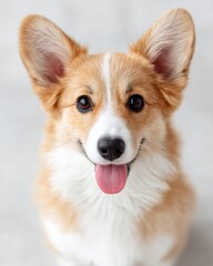 A happy Corgi dog with large ears and a playful expression, sitting indoors and looking directly at the camera.