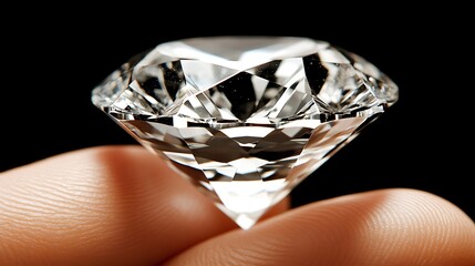 Close-up of a dazzling diamond held delicately between fingertips with shine