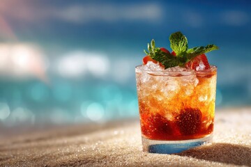 Beachside Strawberry Cocktail: Refreshing Summer Drink with Mint Garnish on Sandy Shore