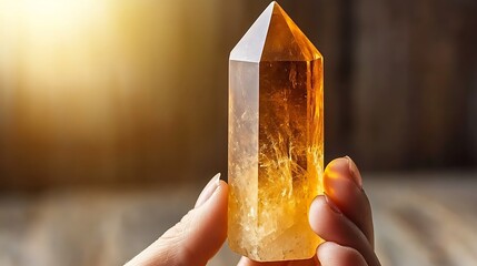 Citrine crystal point held in hand, golden light and healing energy