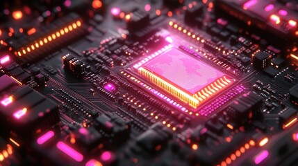 Fototapeta premium Glowing Circuit Board: A Close-Up View of a Microchip