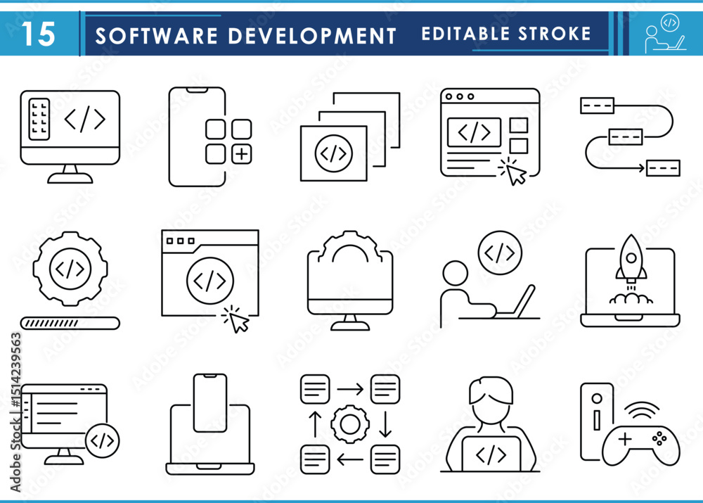 Poster a set of line icons related to software development. software, design, coding, system, gear, develop