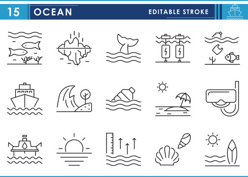 A set of line icons related to Ocean. Marine, ocean, fish, shark, pollution, rise, surfing, swimming, and so on. Vector editable stroke.
