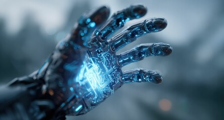 A futuristic robotic hand with glowing blue lights and metallic details, showcasing advanced AI technology in a high-tech setting.