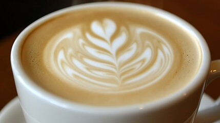 Delicate latte art atop a creamy beverage in a white ceramic mug