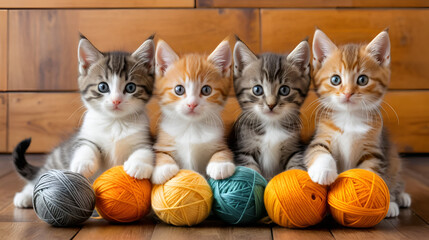 Kittens playing with yarn balls, five adorable kittens, orange, gray, and tabby fur, engaging with colorful yarn, wooden floor background