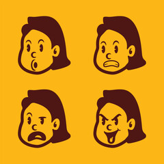 Cartoon girl face vector with long hair showing funny and expressive emotions: shock, fear, anger, and mischief. Bold style perfect for kids’ content, comics, and UI design