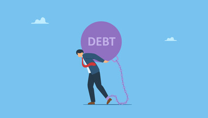 A character in suit carrying the burden of debt on his back. Debt or NPL problem, loan or lending crisis, overspending mistake causing debt burden, recession or bankruptcy, credit default.