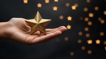 Elegant gold star on palm over dark starry bokeh background concept