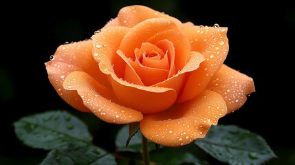Elegant peach rose adorned with glistening droplets against dark backdrop