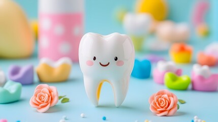 Obraz premium A cheerful cartoon tooth smiles amidst pastel-colored, miniature dental models, flowers, and sprinkles on a light blue background