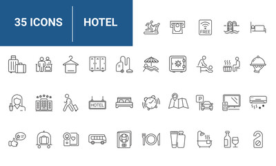 Hotel set of web icons in line style. Hotel and vacation icons for web and mobile app. Hotel services, recreational rest, relax, travel. Vector illustration