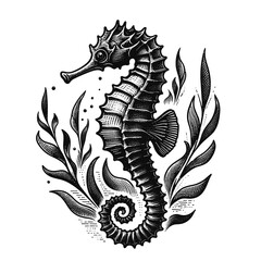 Black seahorse illustration surrounded by aquatic plants 