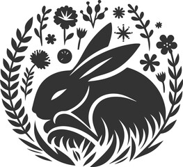 Floral style with a easter bunny animal vector silhouette