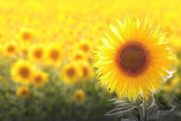 Obraz premium Vibrant sunflower portrait in a field of blurred golden blooms, bathed in warm sunlight