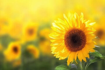Fototapeta premium Vibrant Sunflower in Focus with Blurred Field, Illuminated by Sunlight