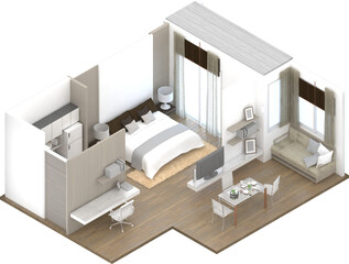 Isometric view of a bedroom,residential area, 3d rendering.