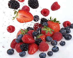 A vibrant assortment of fresh berries including strawberries raspberries blueberries and blackberries falling