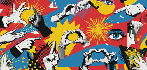 Trendy halftone collage elements set. Cut out clipping hand emoji gestures, mouths and eye with bold colorful geometric shapes.