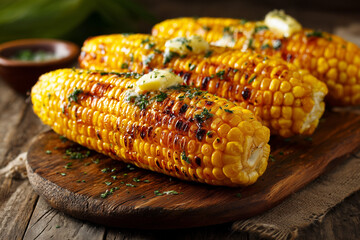 Close-up photo of perfectly roasted corn on the cob, served on a rustic wooden plate. The corn is golden brown with slight char marks, garnished with butter and herbs.