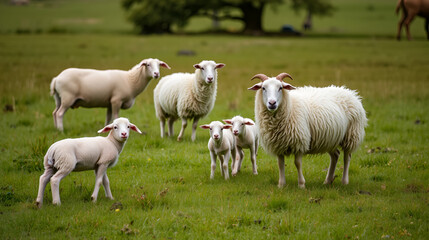 Fototapeta premium Sheep, Ewes with Lambs on the Pasture
