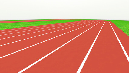 Sports field running track and red runway competition in sports game, straight view, 3d rendering.
