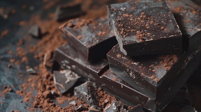 Gourmet dark chocolate bar broken into pieces with cocoa powder dusting the surface