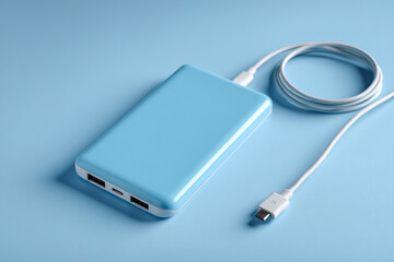 Fototapeta premium A light blue power bank with a white usb cable on a light blue background in a studio setting