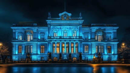 Fototapeta premium A grand building illuminated in a vibrant blue light at night.
