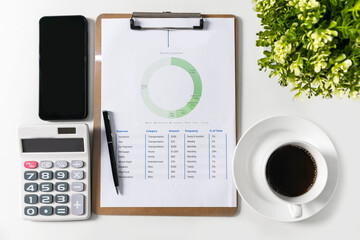 Business office desk board working concept, work desk top view ,desk with black coffee cup