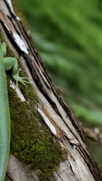 Bright green basilisk lizard climbing textured tree bark in a lush rainforest environment, vibrant colors, wildlife encounter.