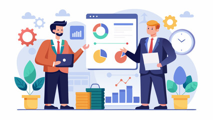 Businessmen discussing data analytics and statistics