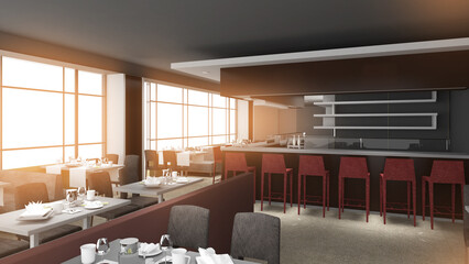 Restaurant, food ordering counter and seating, combination of color and exterior lighting, 3d rendering.