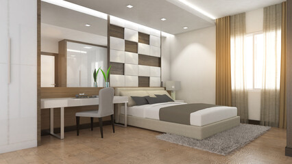 wooden floor and wardrobe in a contemporary bedroom.,3d rendering