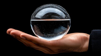 Hand Holding Water Globe on Dark Background Revealing Serenity and Clarity