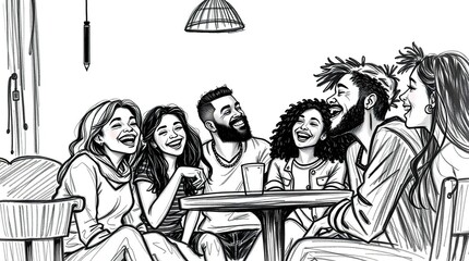 Group of young adults laughing together around a table, sketched in black and white